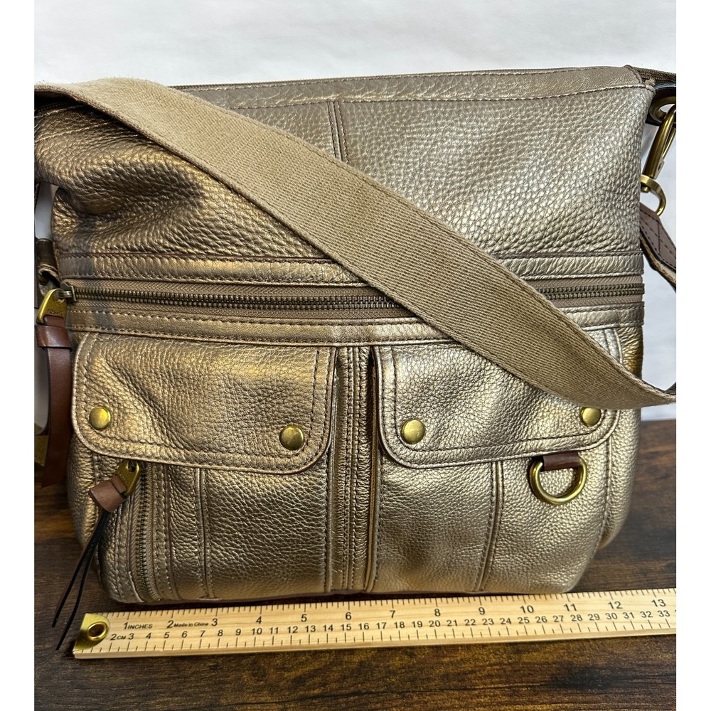 Fossil Metallic Bronze Pebbled Leather Utility Crossbody Bag Multi Pocket Large - Picture 6 of 16